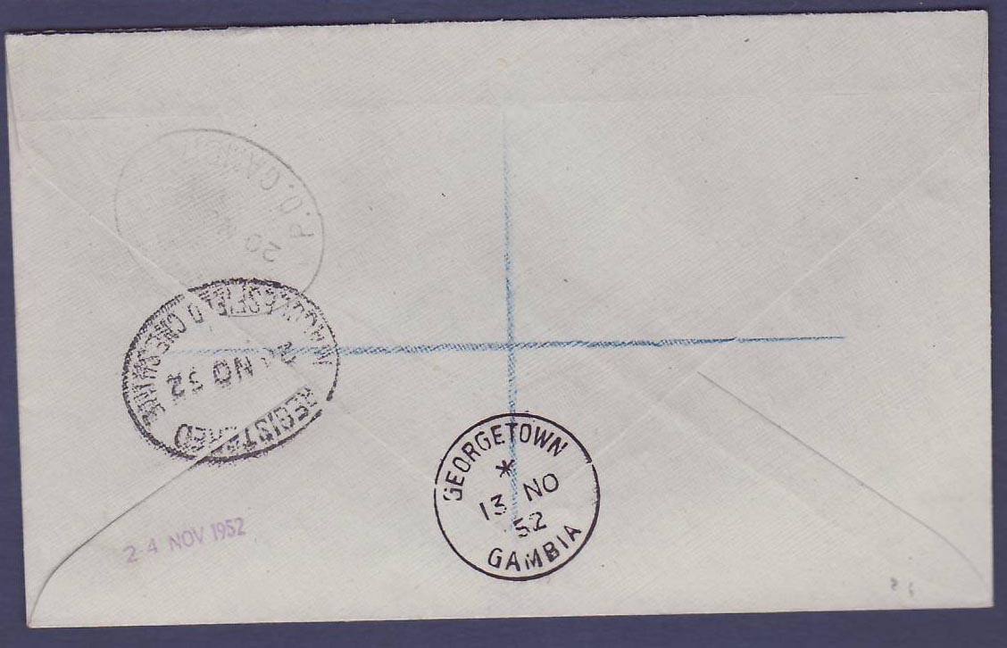 Gambie Gambia 6p Value on Registered cover can Georgetown 13 NO 57  to Prestbury  Cheshire  England — Rückseite