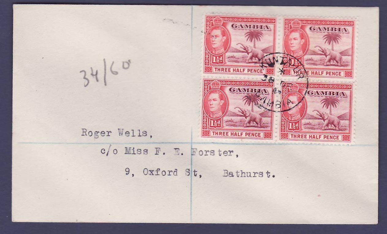 Gambie Gambia Lovely cover 1 1/2d block of 4 with rare KUNTA-UR cance DEC 44 to Bathurst