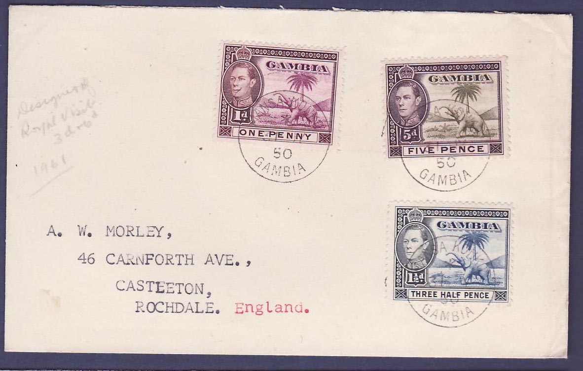 Gambie Gambia Cover franked with 3 Elephant values can Mansa Konko (small office) dated 50 to Casleton  Rochdale  Englan