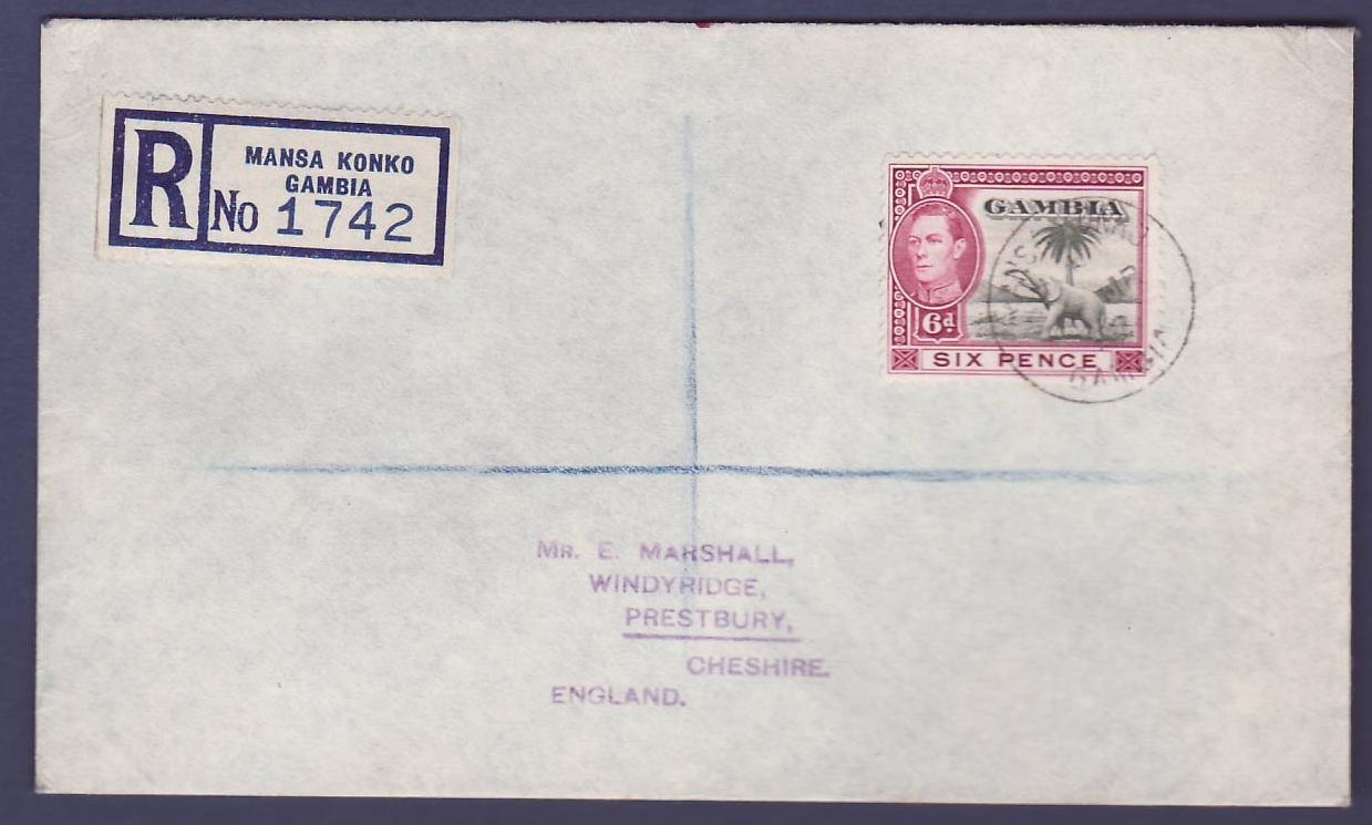 Gambie Gambia Rare Mansa Kono with 6p Elephant value  canc 1952 to Prestbury  Cheshire  England