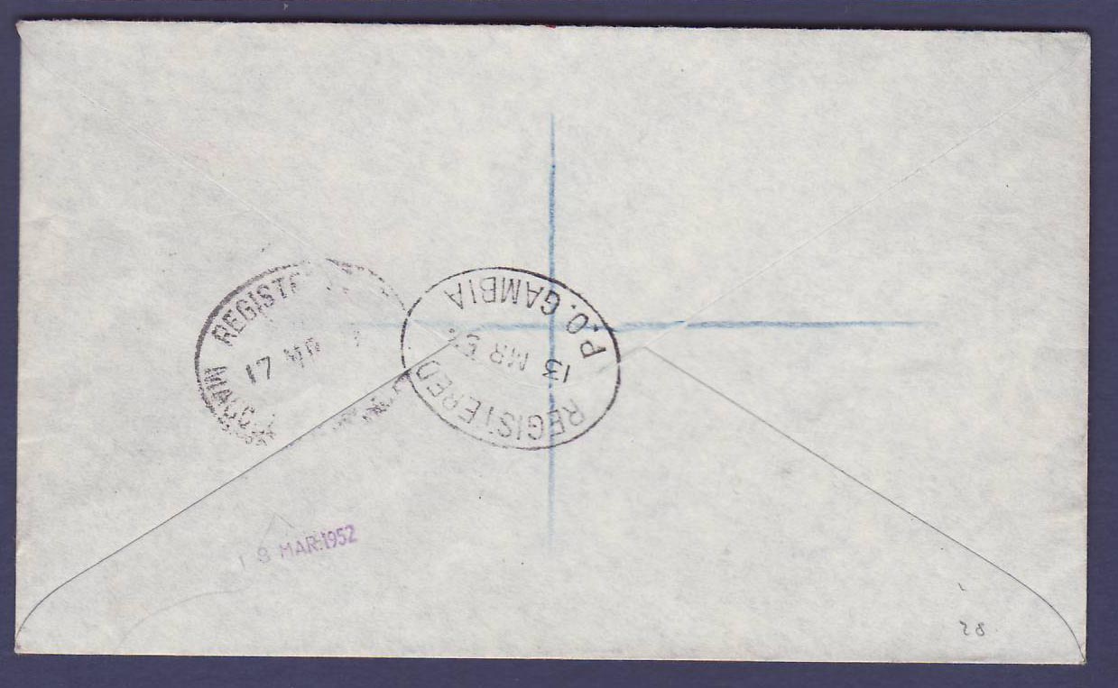 Gambie Gambia Rare Mansa Kono with 6p Elephant value  canc 1952 to Prestbury  Cheshire  England — Rückseite