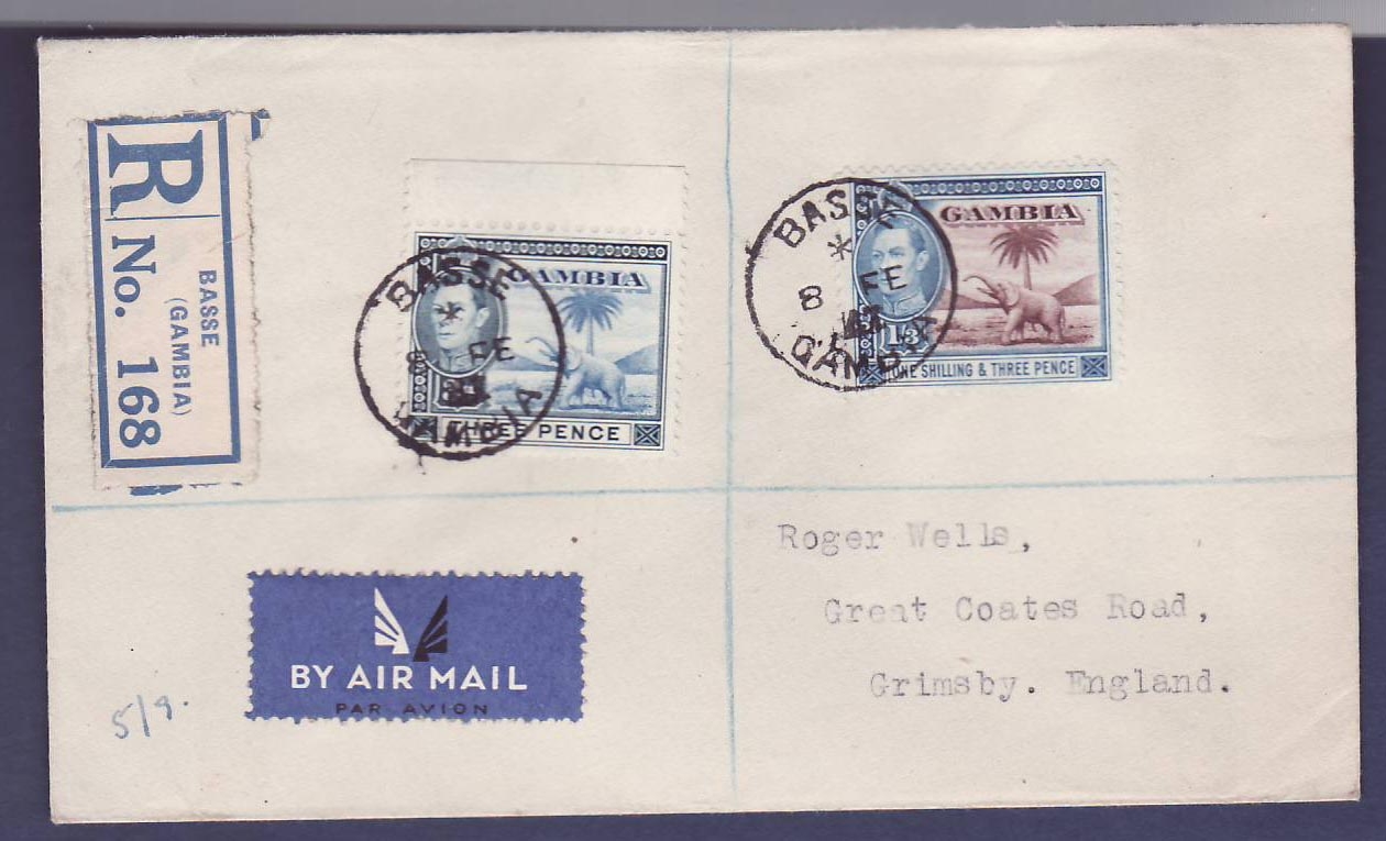 Gambie Gambia BASSE cover (small office) with Elephant values  dated 8 FE 47  to Grimsby  England