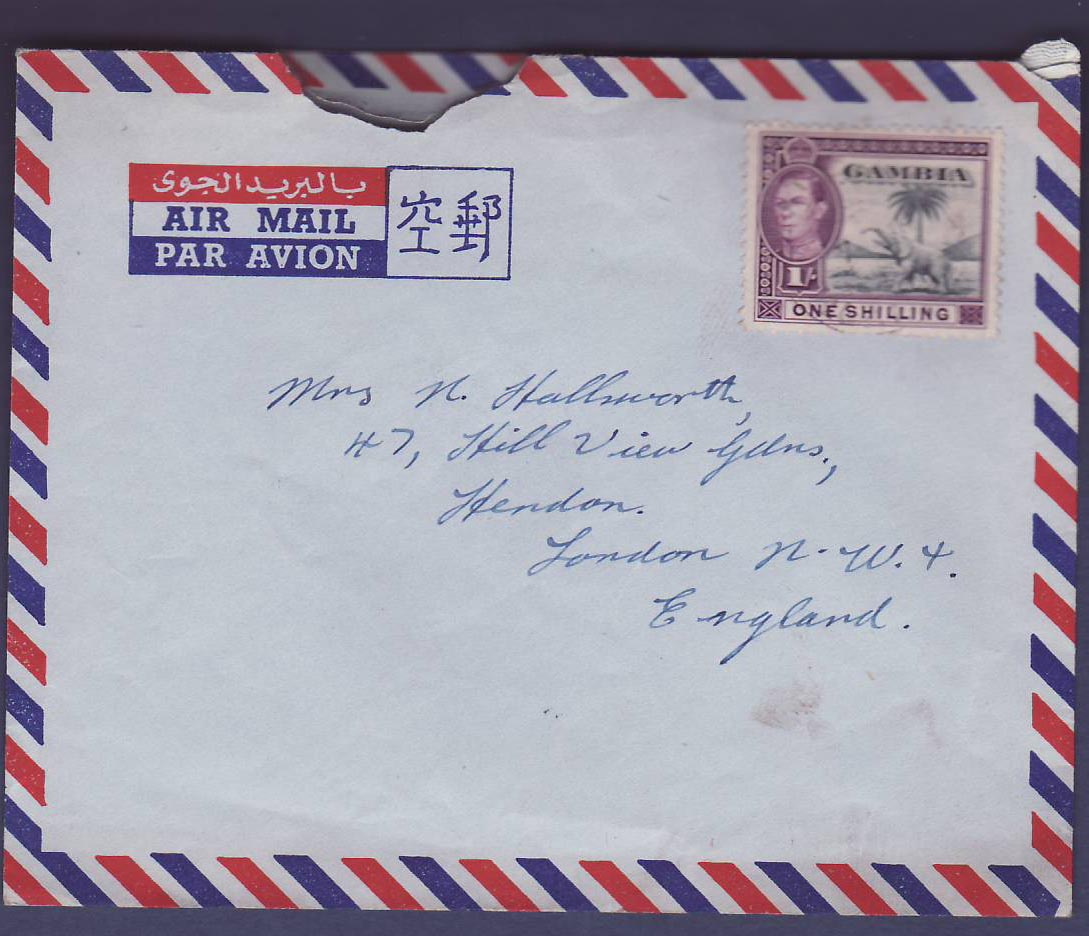 Gambie Gambia Air Mail with 1s shilling value to London  England  canc unclear