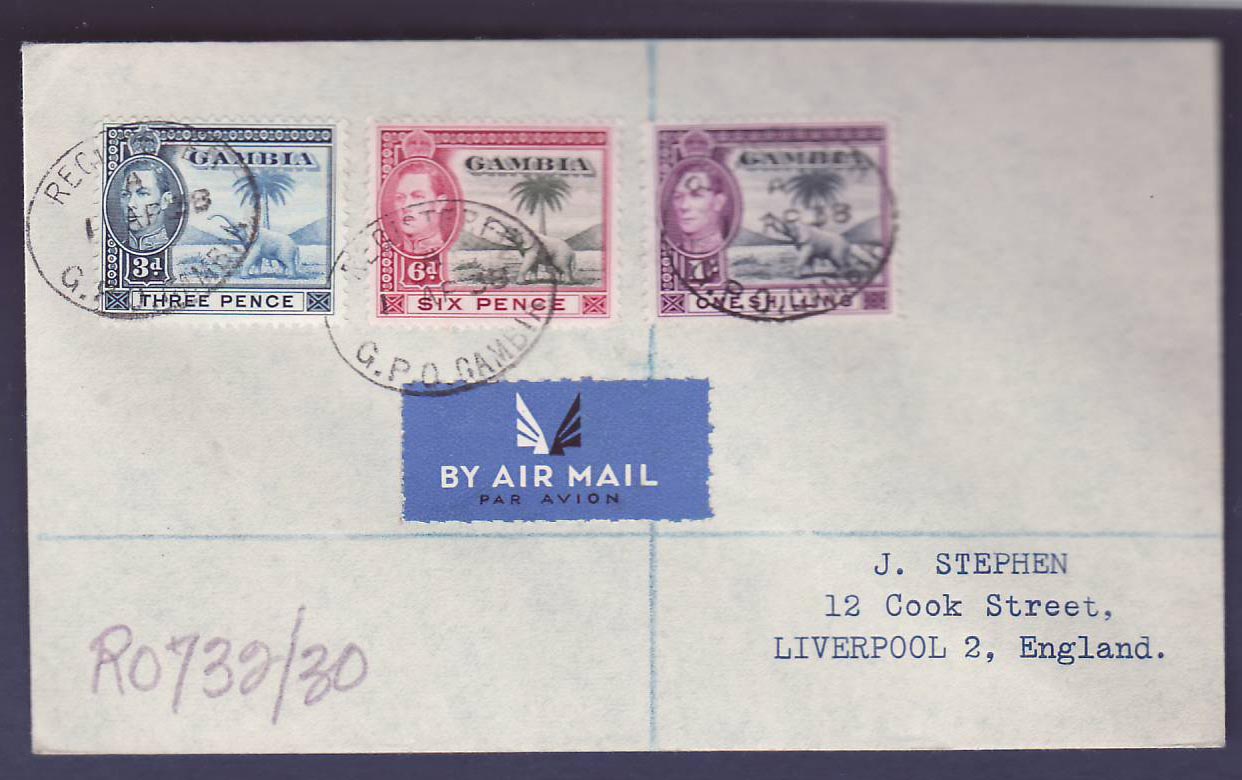 Gambie Gambia Registered mail with 3 Elephant values to Liverpool  England  dated AP 38