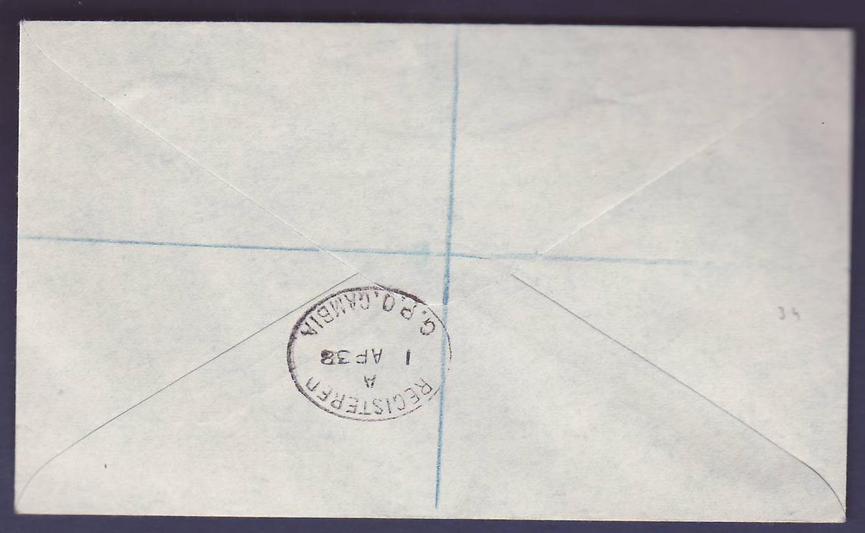 Gambie Gambia Registered mail with 3 Elephant values to Liverpool  England  dated AP 38 — Verso