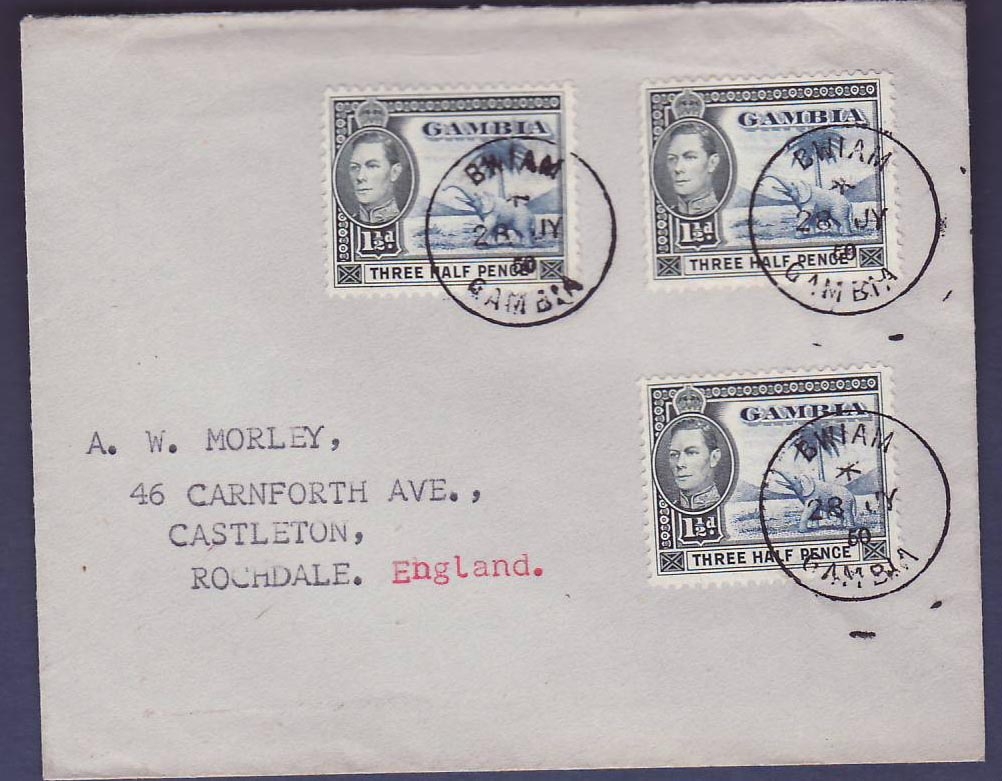 Gambie Gambia Bwiam coverwith 3 Elephant values to Castledown  Rochdale  England  dated 1950