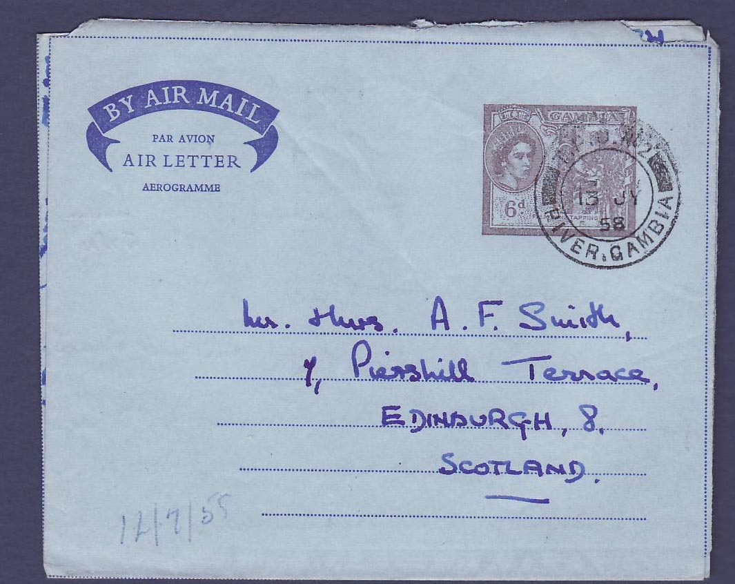 Gambie Gambia Q EII aerogram canc TPO #2 to Edinburgh  Scotland  dated 13 JY 58