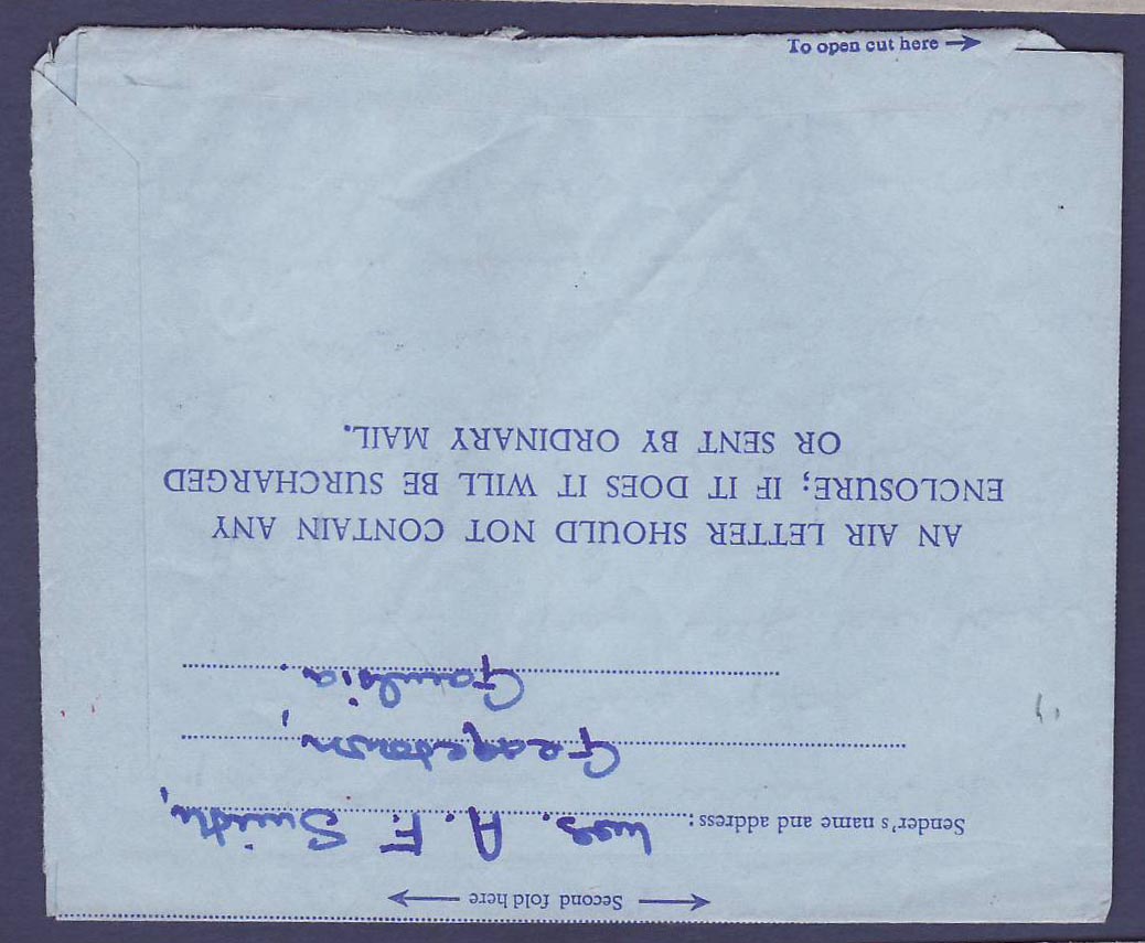 Gambie Gambia Q EII aerogram canc TPO #2 to Edinburgh  Scotland  dated 13 JY 58 — Back