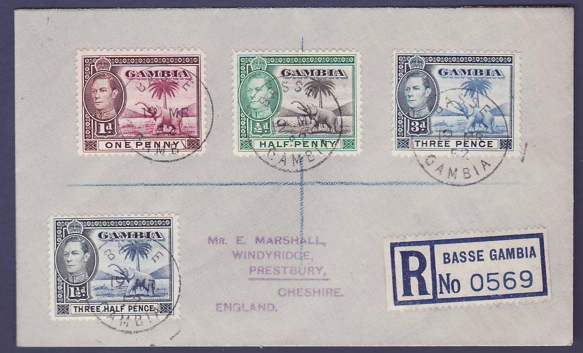 Gambie Gambia Unusual BASSE (small office) cover with various Elephant values  to Presbury  Cheshire  England  dated 195