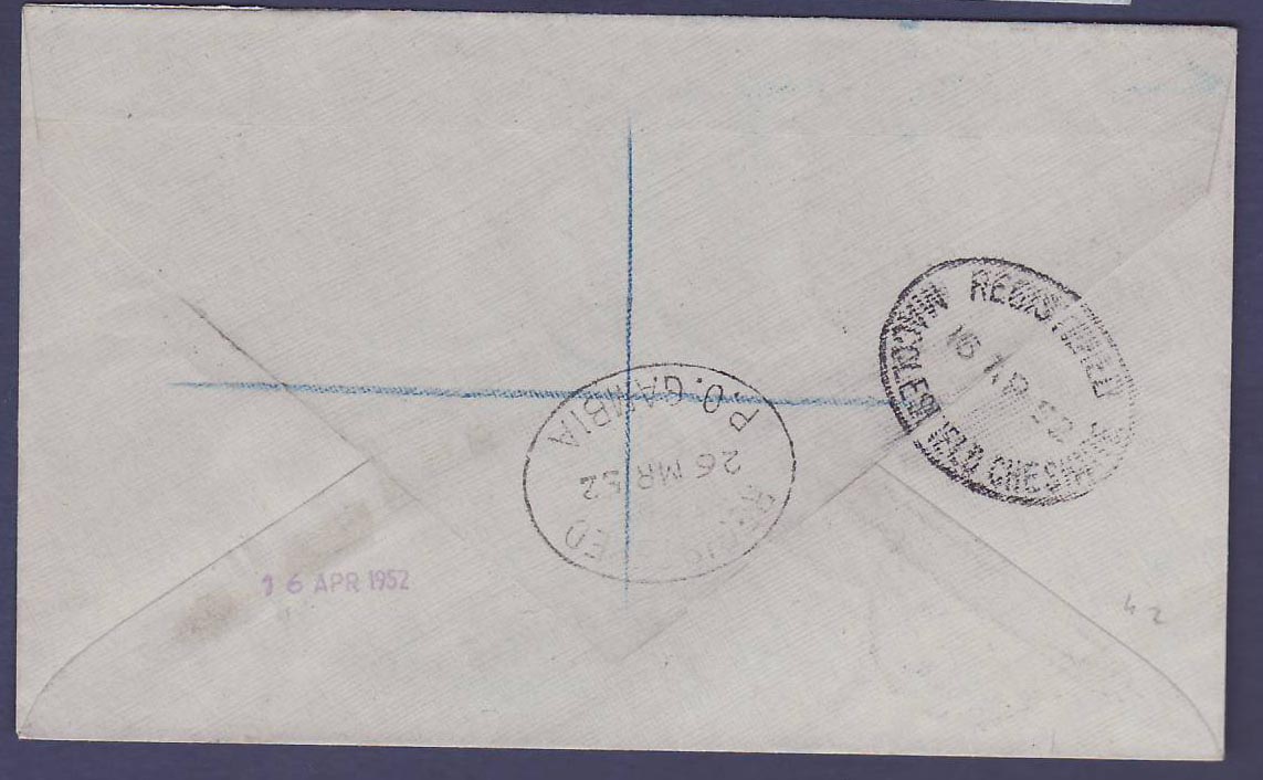Gambie Gambia Unusual BASSE (small office) cover with various Elephant values  to Presbury  Cheshire  England  dated 195 — Rückseite