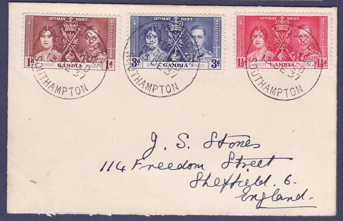 Gambie Gambia Nice Paquebot Southampton handstamps on Coronation values  dated 13 DE 37  to Sheffield  England