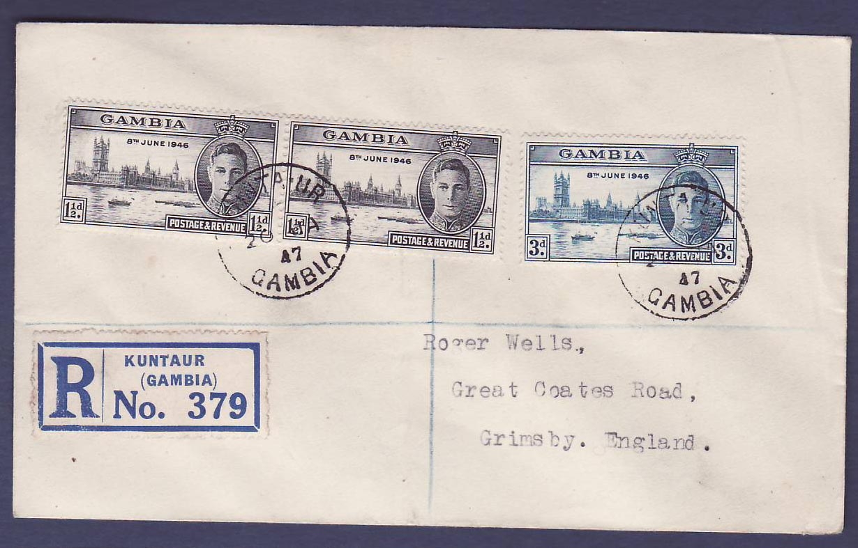 Gambie Gambia GVI set with pair with rare KUNTA-Ur cancellation  dated 1947  to Grimsby  England