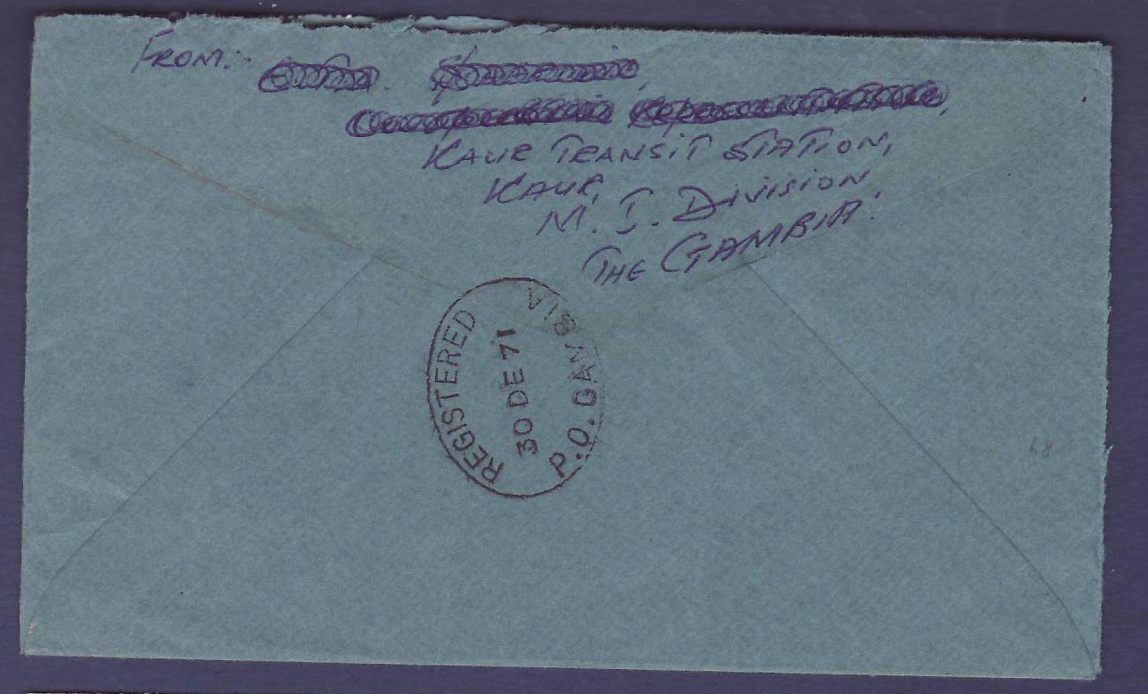 Gambie Gambia 1971 cover with unusual Kaur (small office) cancellation  to Stockport  Cheshire  England — Rückseite