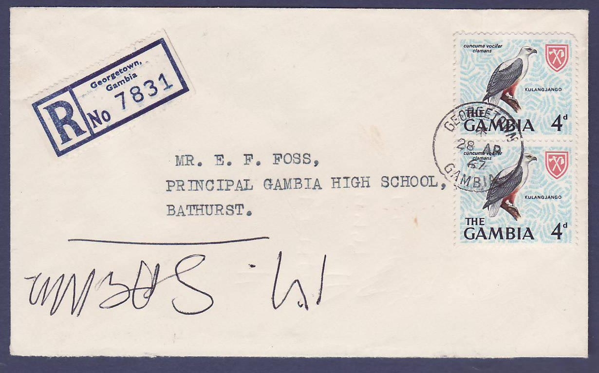 Gambie Gambia Registered cover with pair of 4d Kulangjango bird issue  can Georgetown 28 AR 1967  to Bathrust (oiseau)