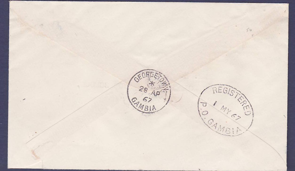 Gambie Gambia Registered cover with pair of 4d Kulangjango bird issue  can Georgetown 28 AR 1967  to Bathrust (oiseau) — Rückseite