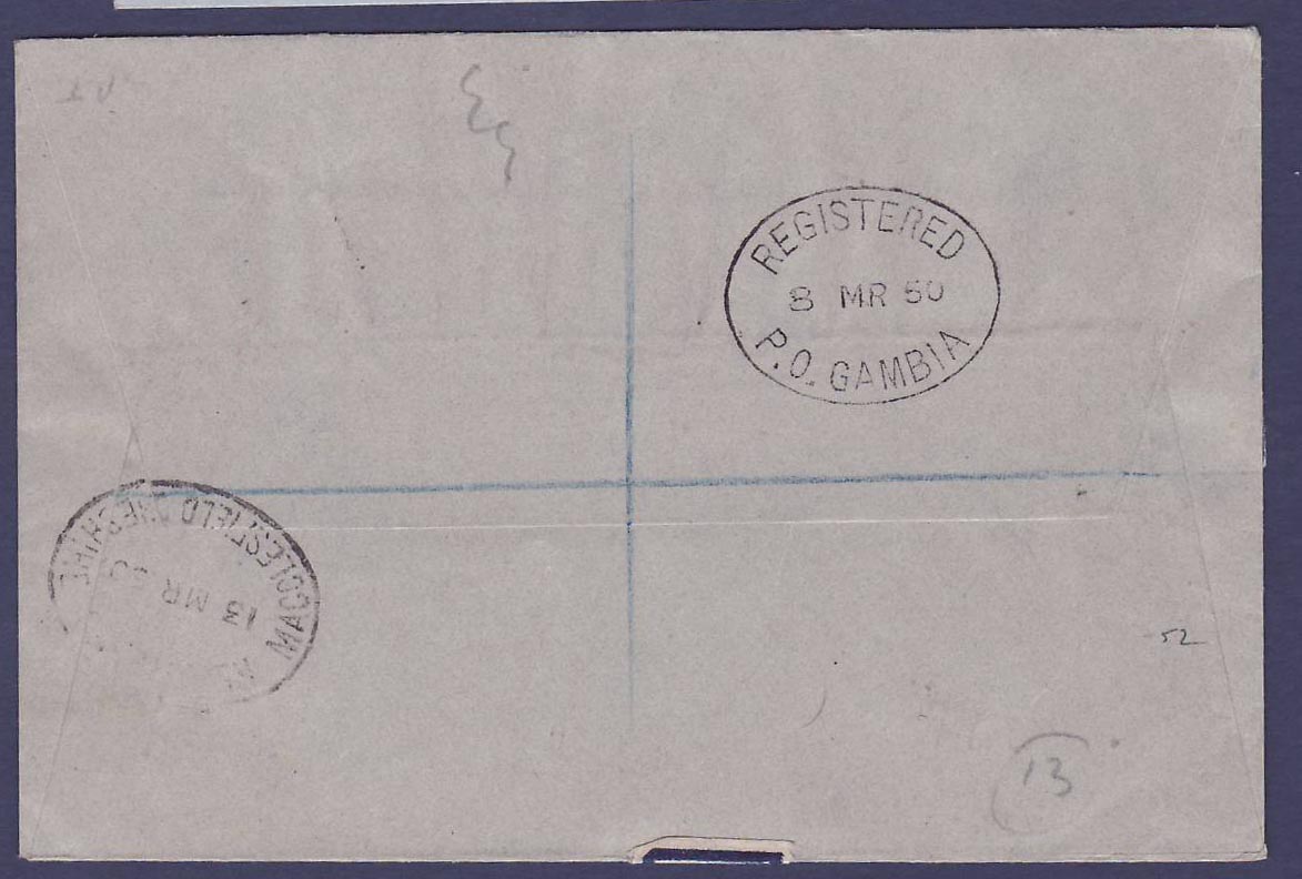 Gambie Gambia Basse (small office) cover wth UPU + Elephant issues  dated MR 50  to Prestbury  Cheshire  England — Rückseite