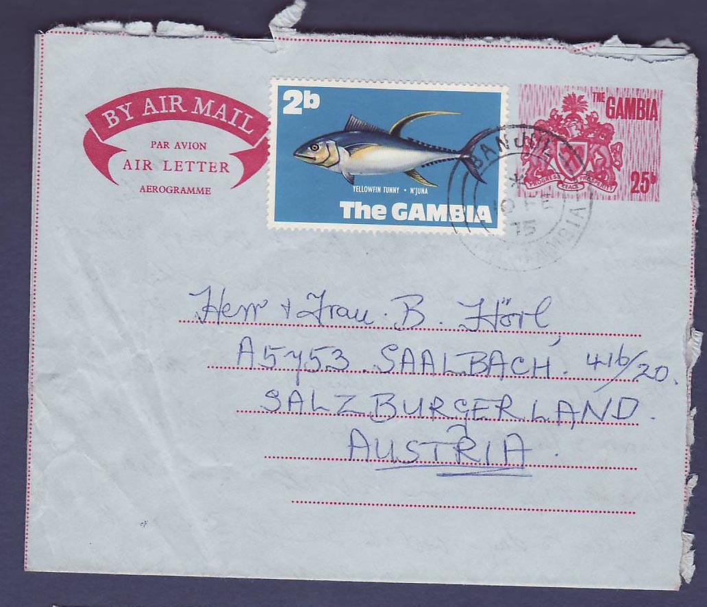 Gambie Gambia Aeorogram with Banjul canc to Burgerland  Austria  dated 1975 Fish  Poisson