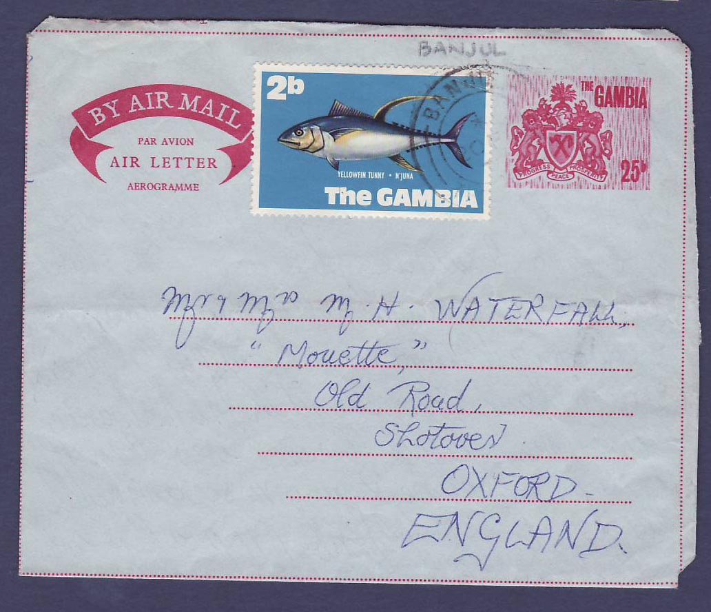 Gambie Gambia Aeorogram with Banjul canc to Oxford  England  dated 1975 Fish  Poisson