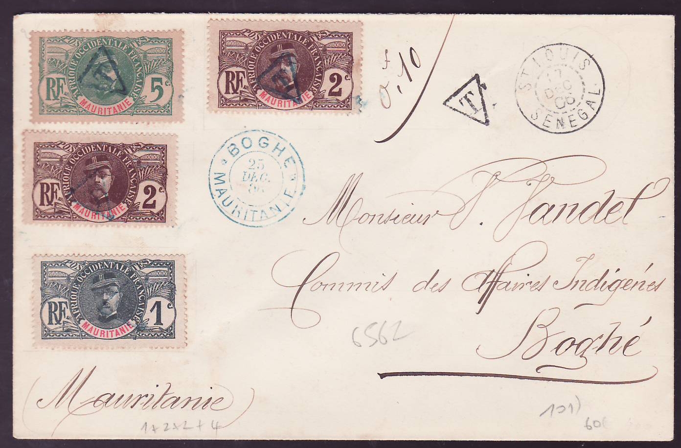 Lettre Mauritanie avec timbres Gouverneur Bellay surchargé T pour timbre Taxe  Valeurs 1c + 2*2c + 5c obl Boghe 25 DEC 0
