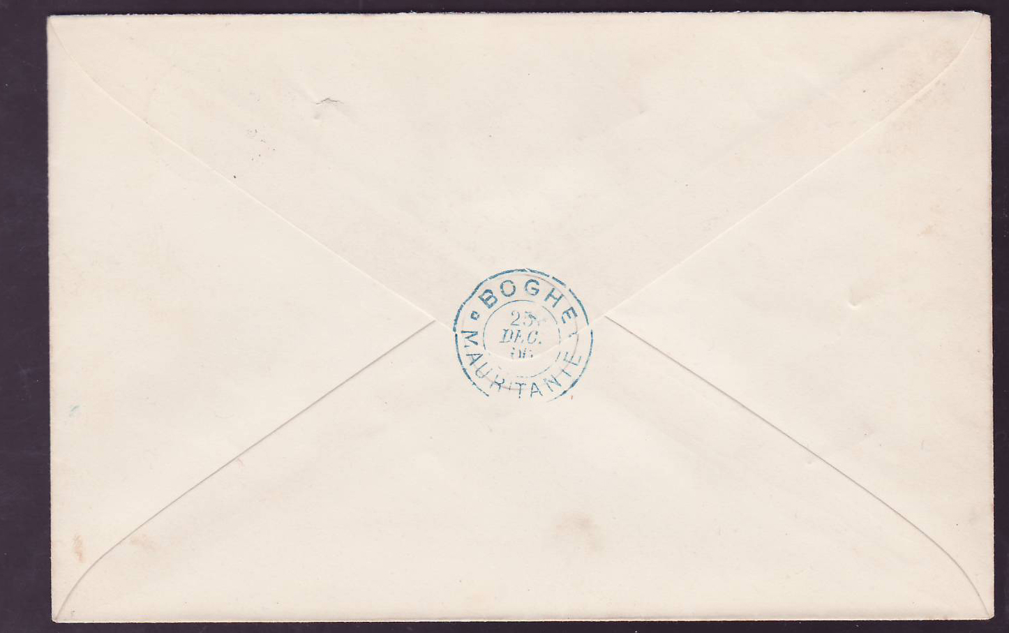 Lettre Mauritanie avec timbres Gouverneur Bellay surchargé T pour timbre Taxe  Valeurs 1c + 2*2c + 5c obl Boghe 25 DEC 0 — Back