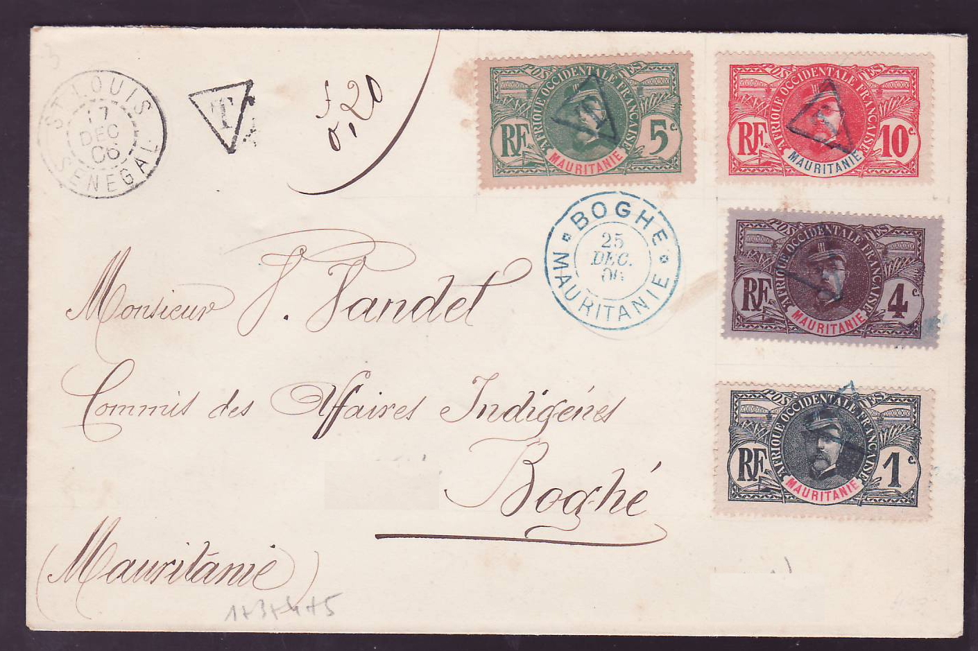 Lettre Mauritanie avec timbres Gouverneur Bellay surchargé T pour timbre Taxe  Valeurs 1c + 4c + 5c + 10c obl Boghe 25 D