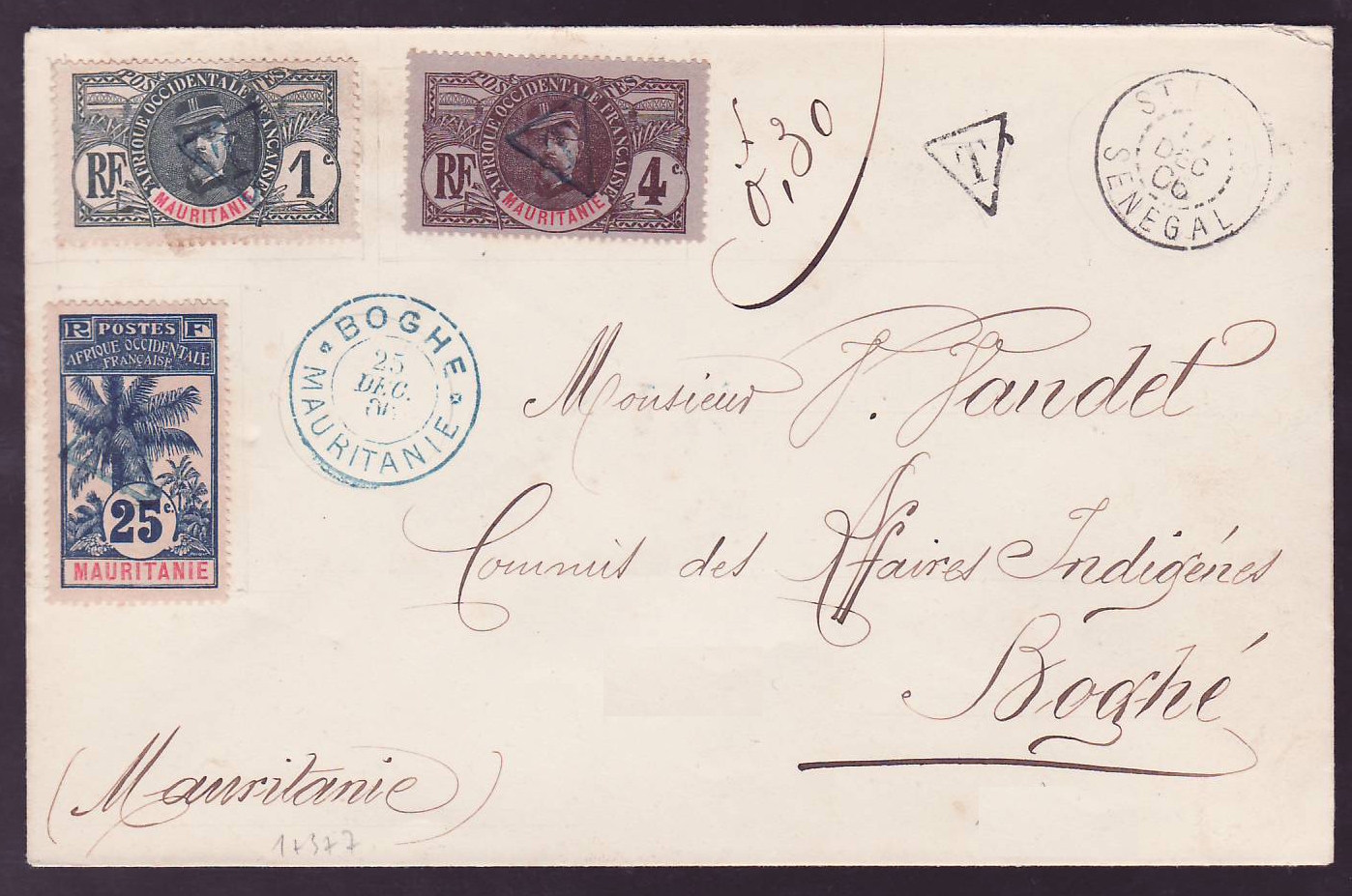 Lettre Mauritanie avec timbres Gouverneur Bellay surchargé T pour timbre Taxe  Valeurs 1c + 4c + Palmiers 25c obl Boghe 