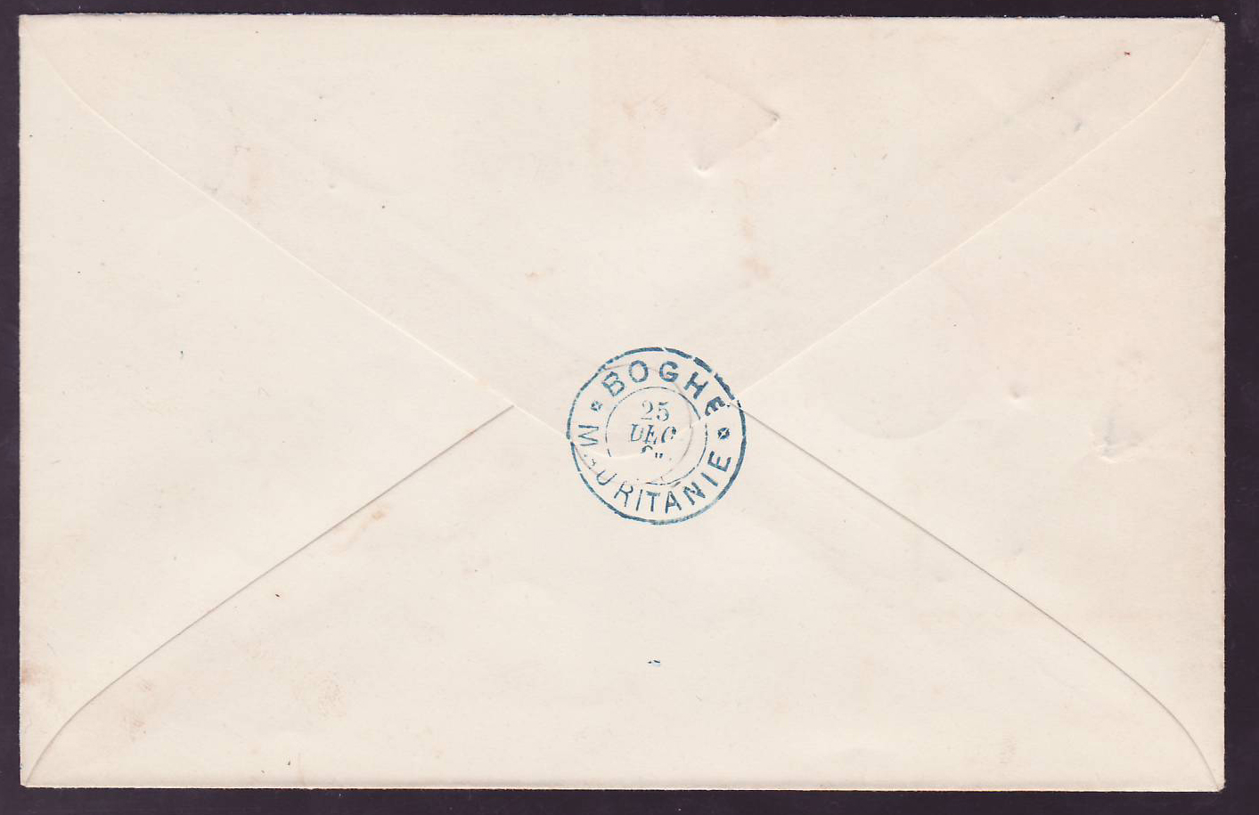 Lettre Mauritanie avec timbres Gouverneur Bellay surchargé T pour timbre Taxe  Valeurs 1c + 4c + Palmiers 25c obl Boghe  — Back