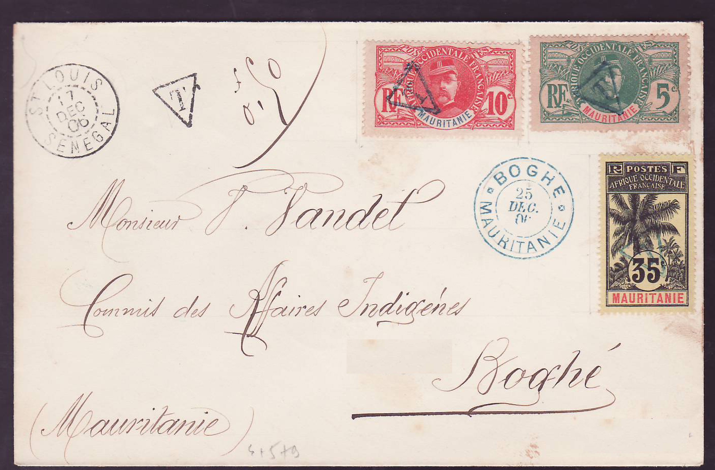Lettre Mauritanie avec timbres Gouverneur Bellay surchargé T pour timbre Taxe  Valeurs 10c + 5c + Palmiers 35c obl Boghe