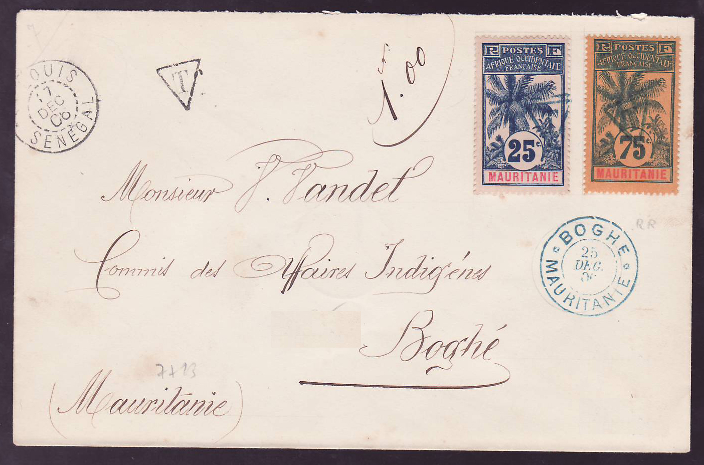 Lettre Mauritanie avec timbres Gouverneur Bellay surchargé T pour timbre Taxe  Valeurs Palmiers 25c +75c obl Boghe 25 DE