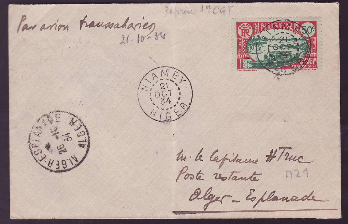 Niger 1er Vol Niamey Alger obl 21 OCT 34