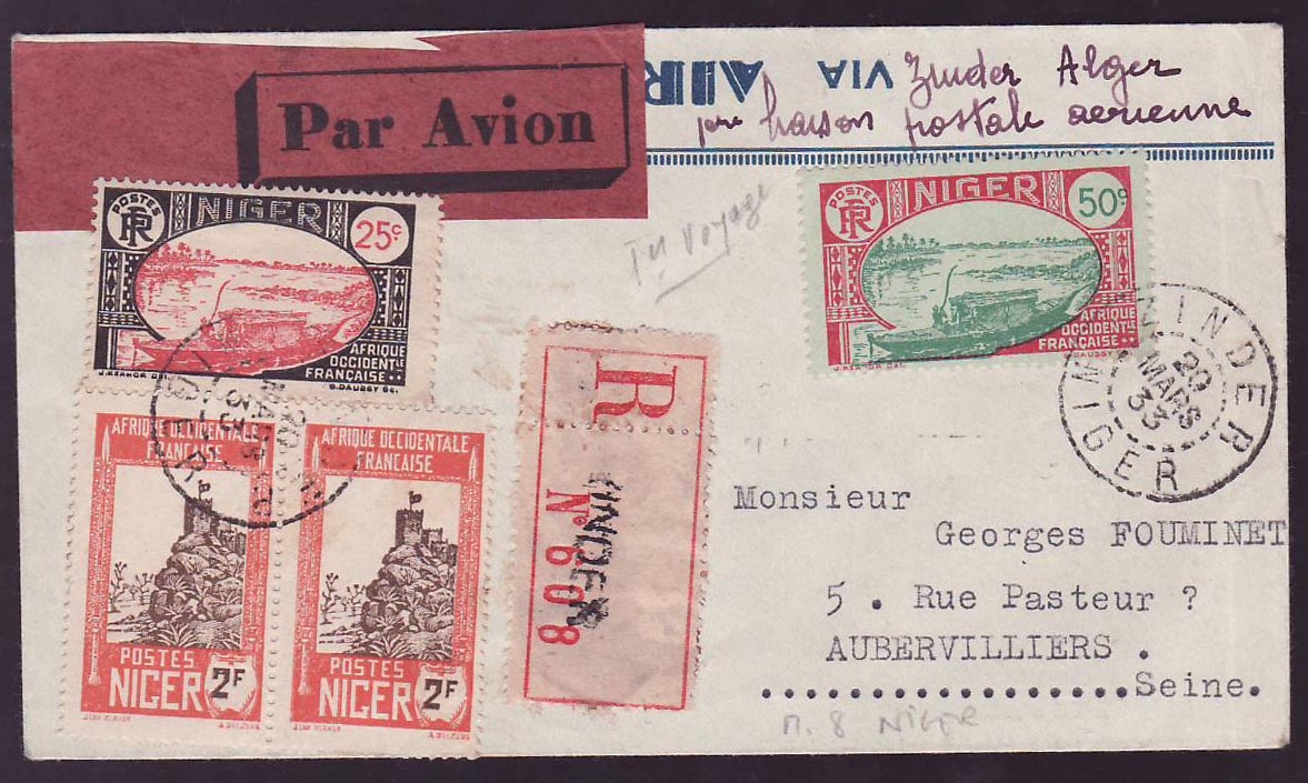 Niger 1er Voyage Alger Zinder cad Niamey 20 Mar 33 pour Aubervilliers Rare