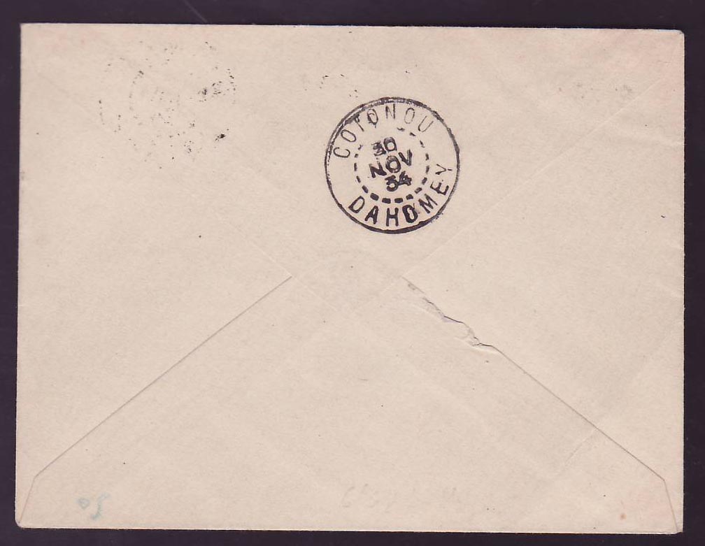 Niger 1er Vol Niamey Cotonou cad 30 NOV 34 pour Cotonou Rare — Verso