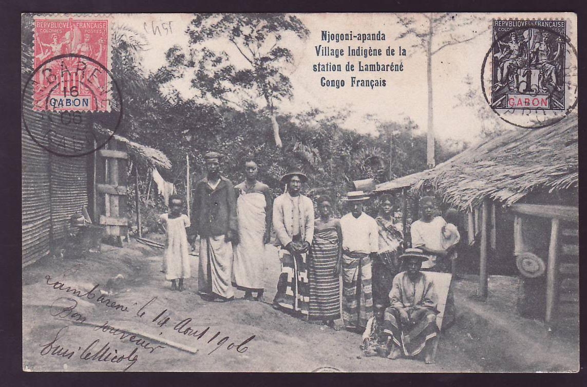 Carte Postale Gabon Njogoui apanda Village indigene avec valeur 10c + 1 cachet Lambarene 16 AOU 06 pour Loango