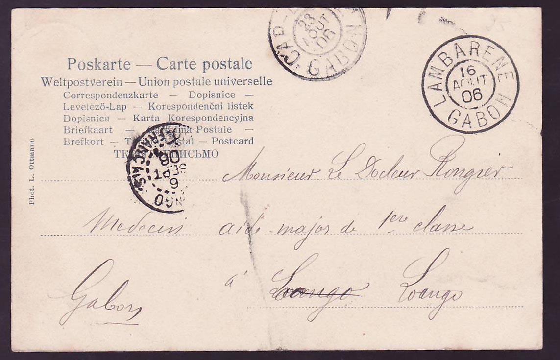 Carte Postale Gabon Njogoui apanda Village indigene avec valeur 10c + 1 cachet Lambarene 16 AOU 06 pour Loango — Back