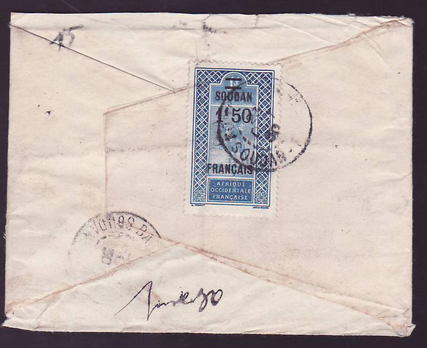Soudan Lettre avec 1F50 au dos cad Koulouba 23 OCT 30 — Rückseite