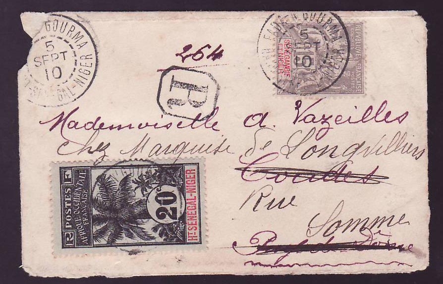Senegambie & Niger Groupe 10c + Palmiers 20c (def) cad Fade Gourma 5 SEP 10 pour France