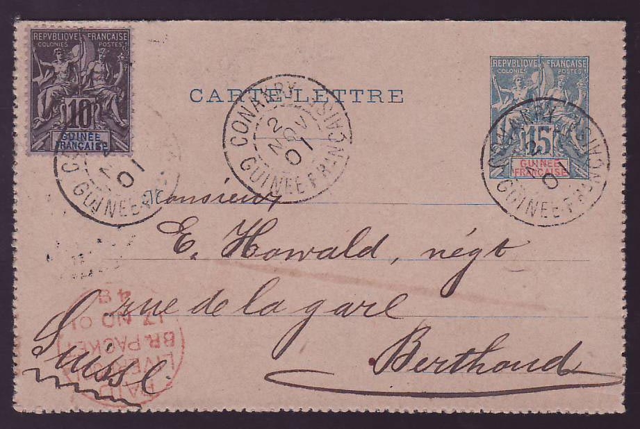 Guinee Entier Postal Groupe 15c + Groupe 10c avec cad Conakry 2 NOV 01 pour Berthoud  Suisse