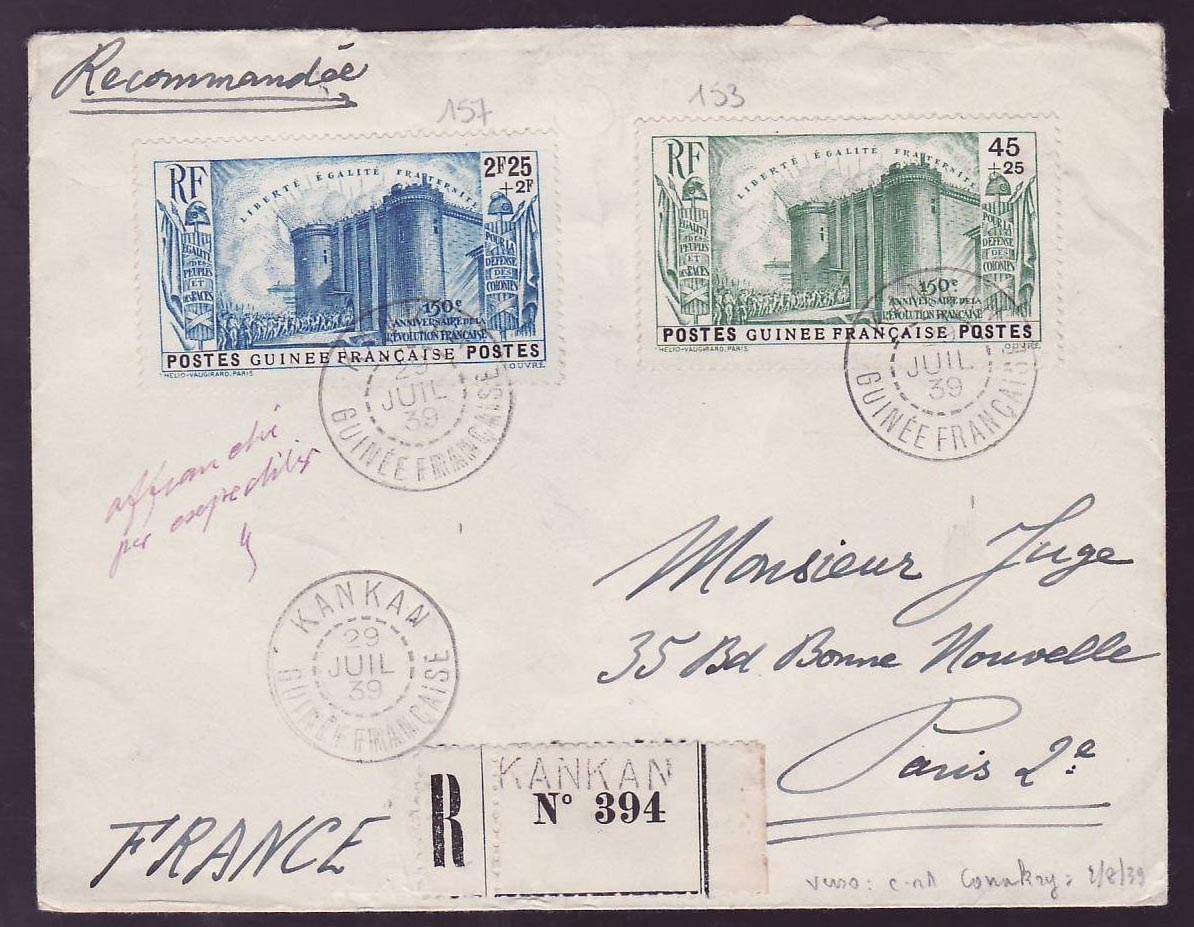 Guinee Lettre avec Valeurs Revolution Francaise 45cts +2F25 obl Kankan 29 JUIL 39 pour Paris  France