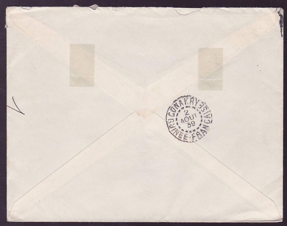 Guinee Lettre avec Valeurs Revolution Francaise 45cts +2F25 obl Kankan 29 JUIL 39 pour Paris  France — Rückseite