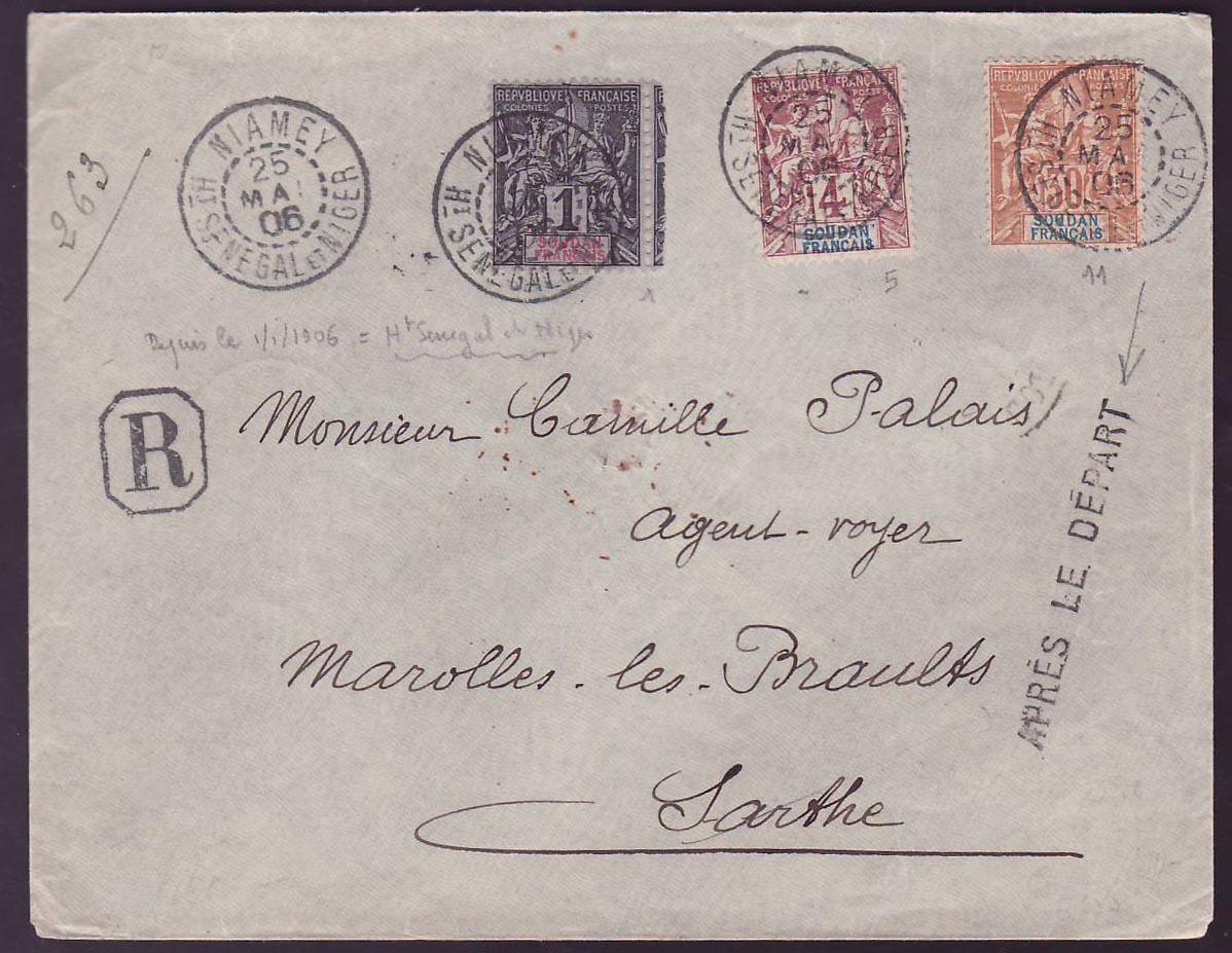 Soudan Lettre avec Type Groupe 1c + 4c + 30c pour Marolles les Braults Sarthe cad Niamey 25 MAI 06