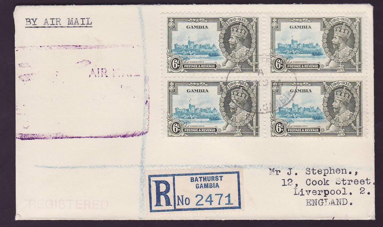 Gambia Gambie Air Mail cover with rare SG 145a6d Extra flagship partly erased in block of 4 to Liverpool  England canc 1