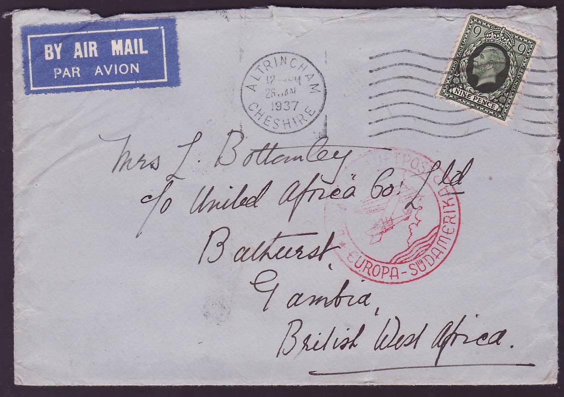 Gambia Gambie Zeppelin cover cs Altrincham Cheshire 1937 to Bathurst  Rare Sudamerika Fahrt