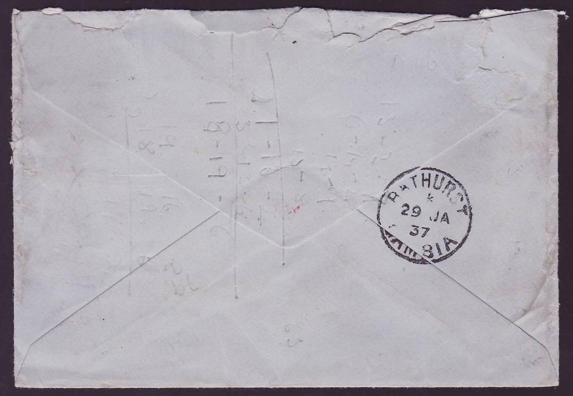 Gambia Gambie Zeppelin cover cs Altrincham Cheshire 1937 to Bathurst  Rare Sudamerika Fahrt — Back