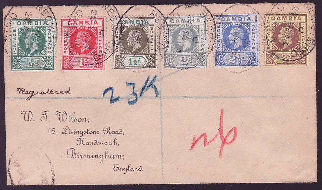 Gambia Gambie Cover with various GV values on Wilson cover  dated AP 13  the 1d with RARE SPLIT A variety. Scarce