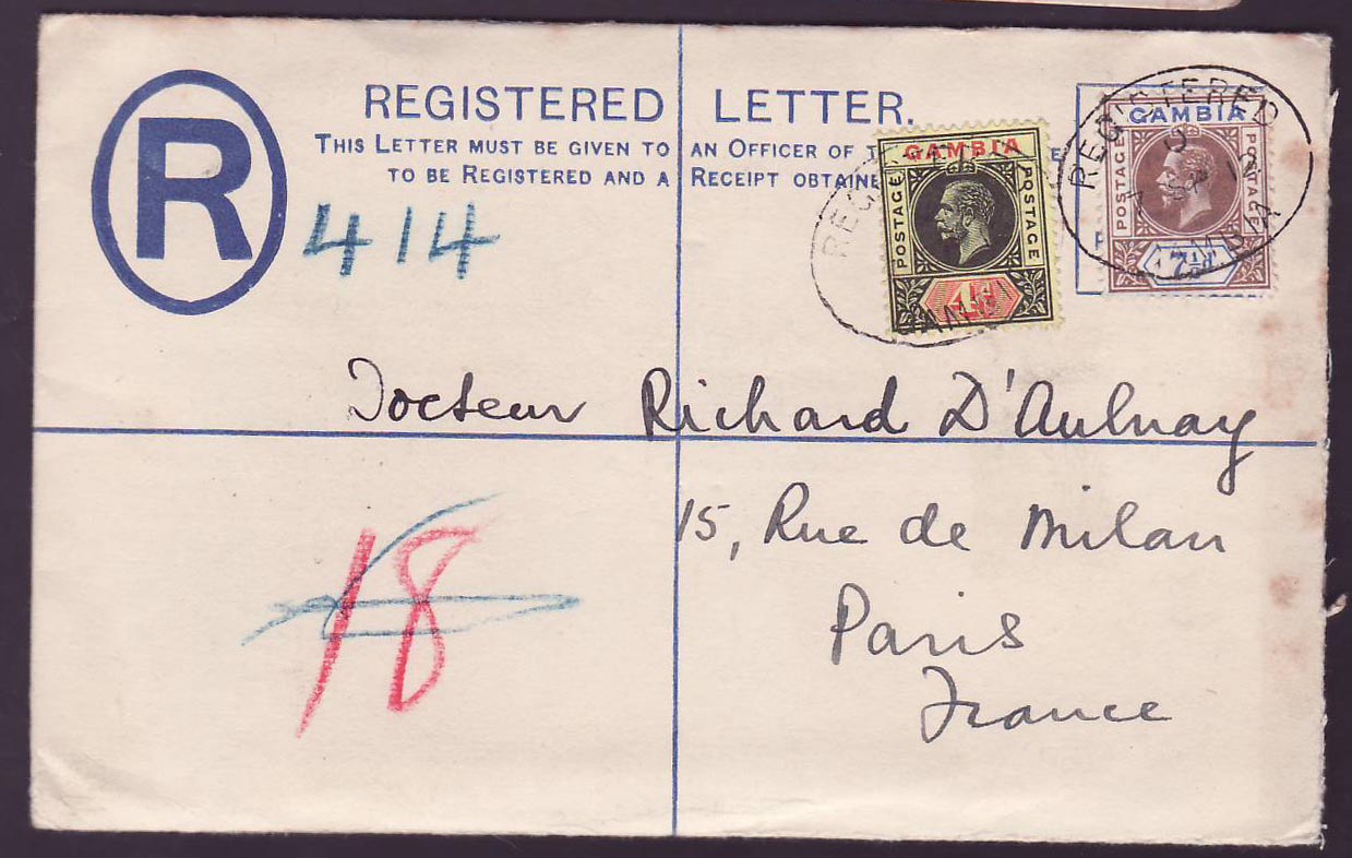 Gambia Gambie Registered letter with 4d and 7 1/2d value to Paris  France  dated AP 12. Scarce