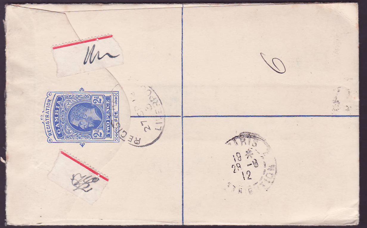 Gambia Gambie Registered letter with 4d and 7 1/2d value to Paris  France  dated AP 12. Scarce — Rückseite