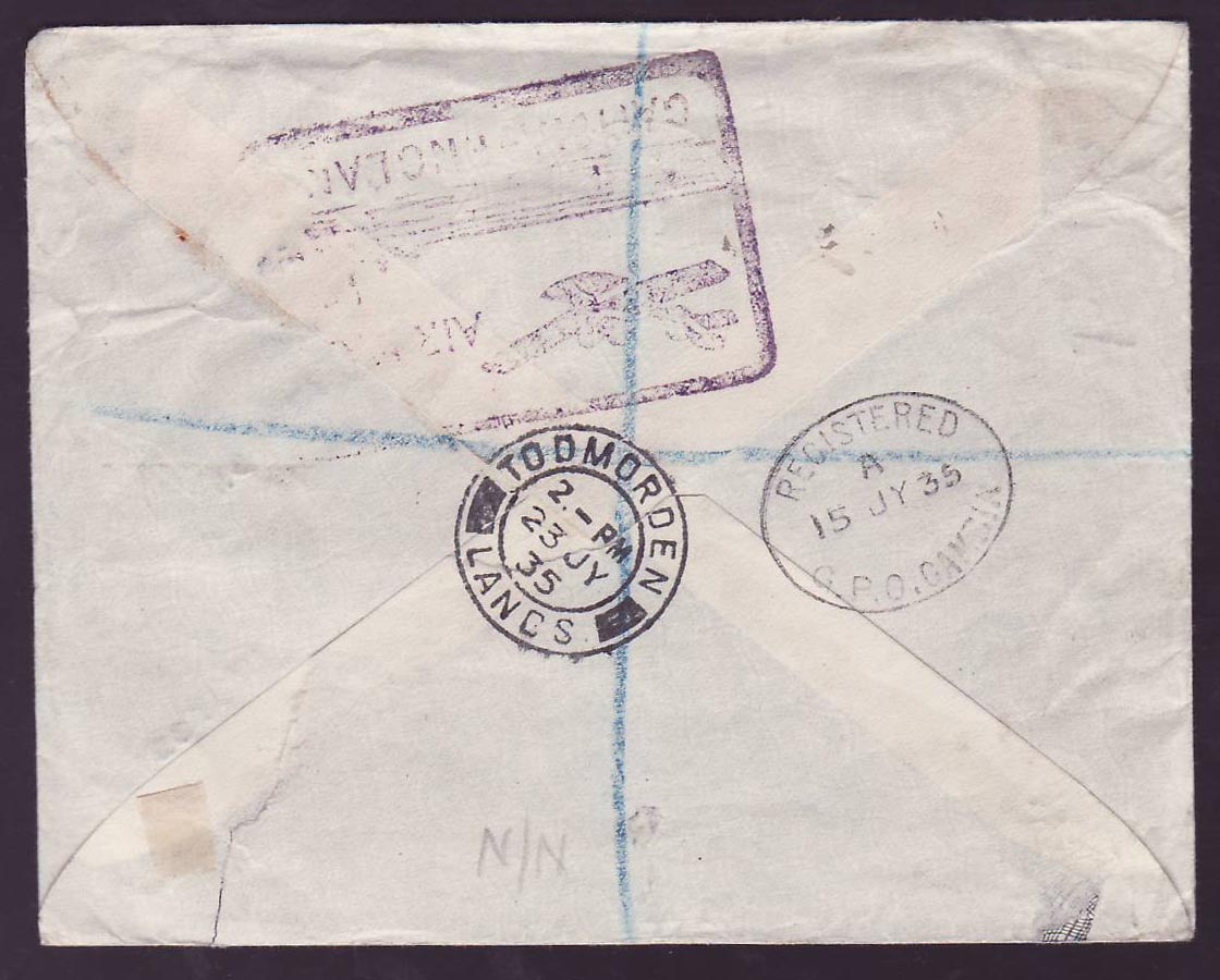 Gambia Gambie Cover with various Jubilee stamps canc Bathurst 35 and rare Air Mail cachet on back  Freetown cachet  for  — Back