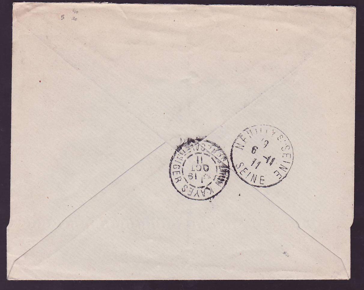 Haut Senegal & Niger Lettre avec 10c Gouverneur Ballay cad Bamako OCT 11 pour Neuilly sur Seine  France — Verso