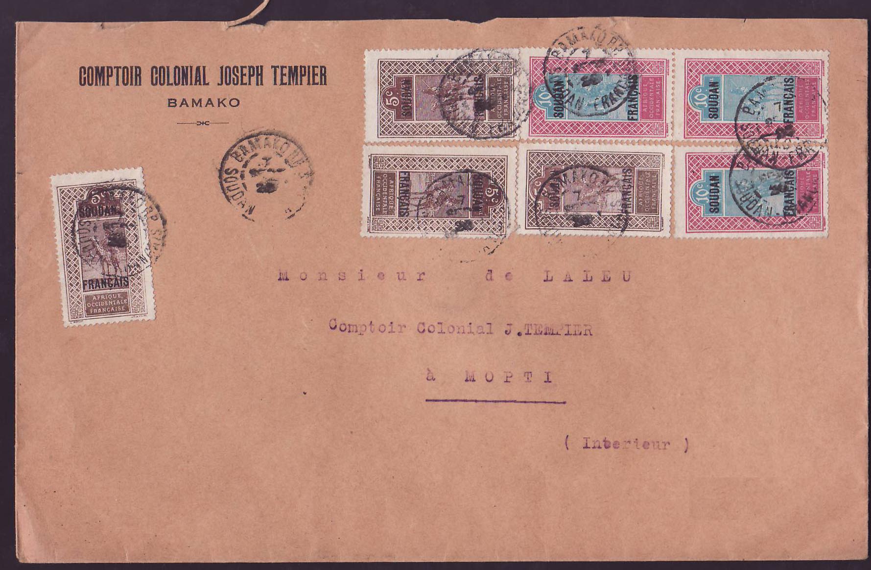 Soudan Lettre avec diverses valeurs meharistes Chameaux cad Bamako 1928 pour Mopti Rare