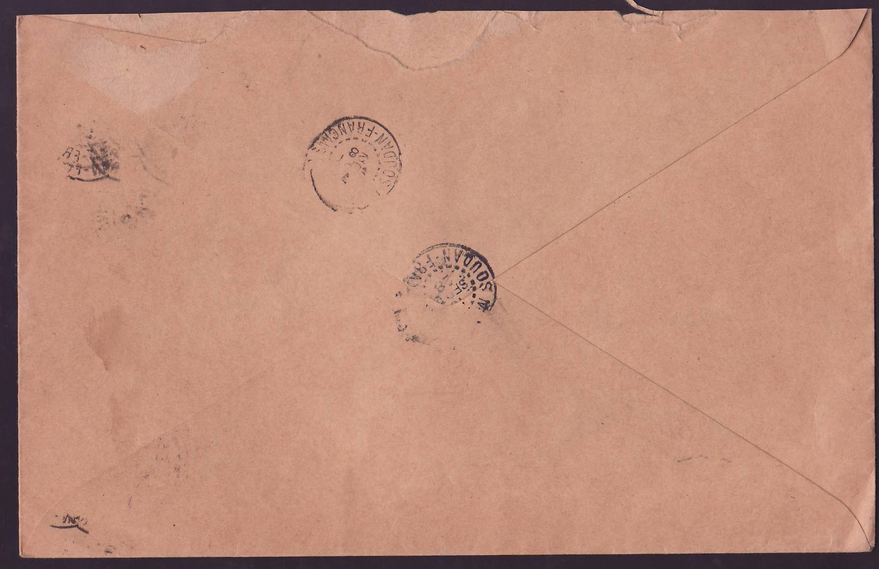 Soudan Lettre avec diverses valeurs meharistes Chameaux cad Bamako 1928 pour Mopti Rare — Rückseite